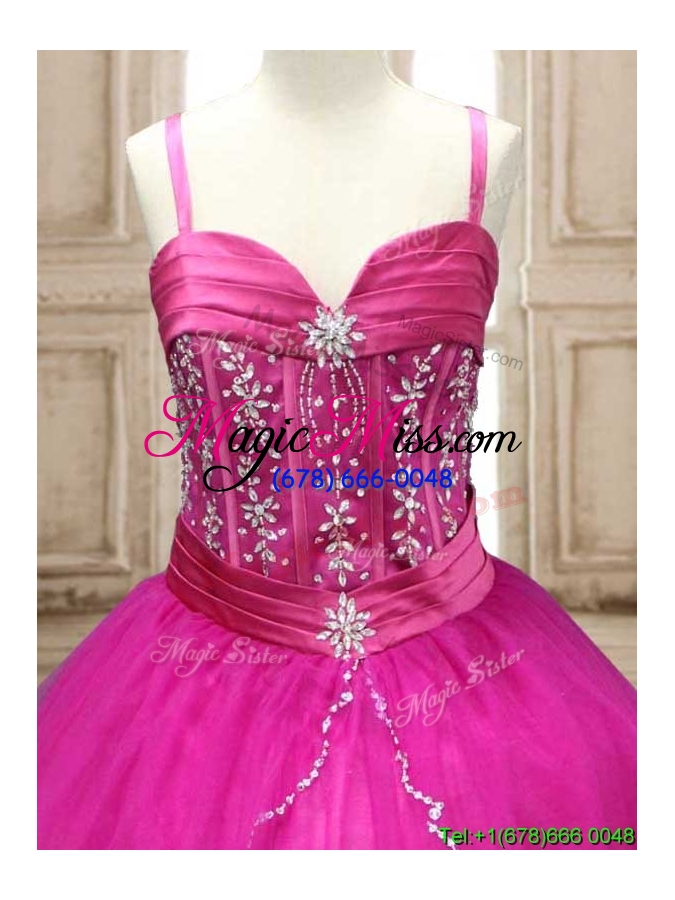 wholesale exquisite spaghetti straps beaded and applique quinceanera dress in hot pink