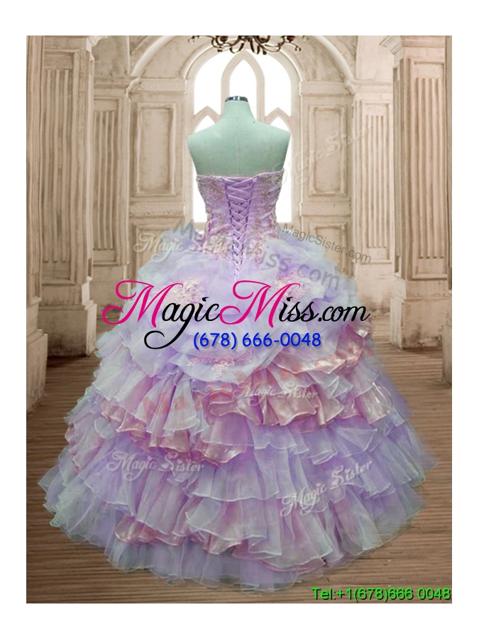 wholesale pretty lavender and pink quinceanera dress with ruffled layers and appliques
