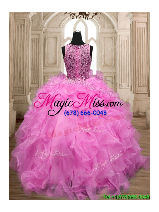 wholesale see through scoop hot pink sweet 16 dress with beading and ruffles