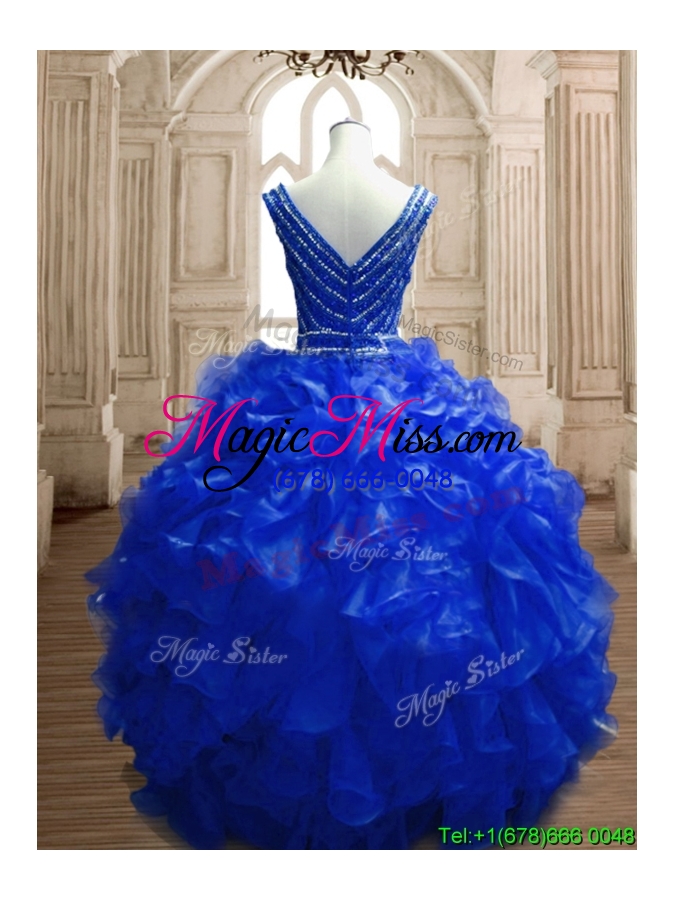 wholesale modest beaded and ruffled deep v neckline quinceanera dress in royal blue