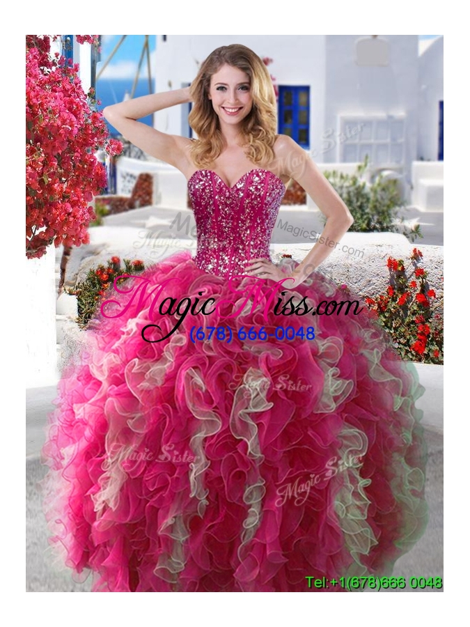 wholesale visible boning beaded bodice and ruffled detachable quinceanera dresses in hot pink and champagne