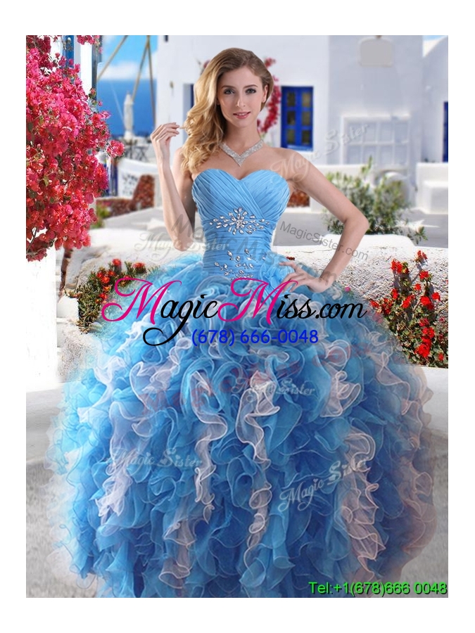 wholesale gorgeous beaded and ruffled detachable quinceanera dresses in blue and white