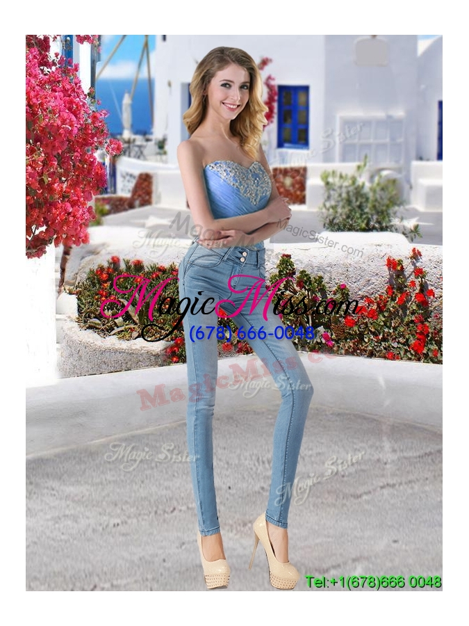 wholesale comfortable applique and ruffled detachable quinceanera dresses in blue and white