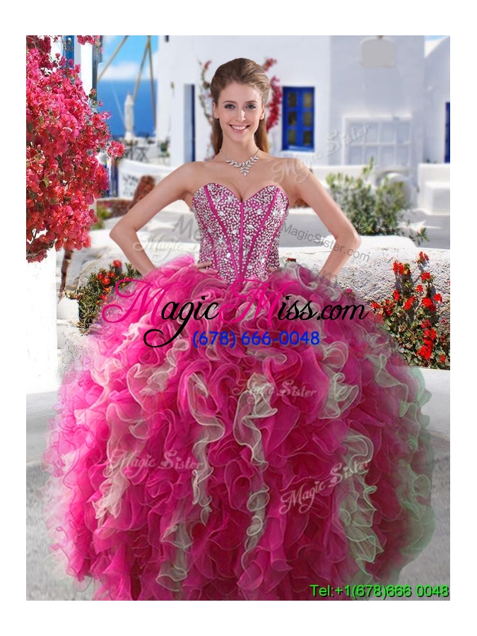 wholesale gorgeous hot pink and white detachable quinceanera dresses with beading and ruffles