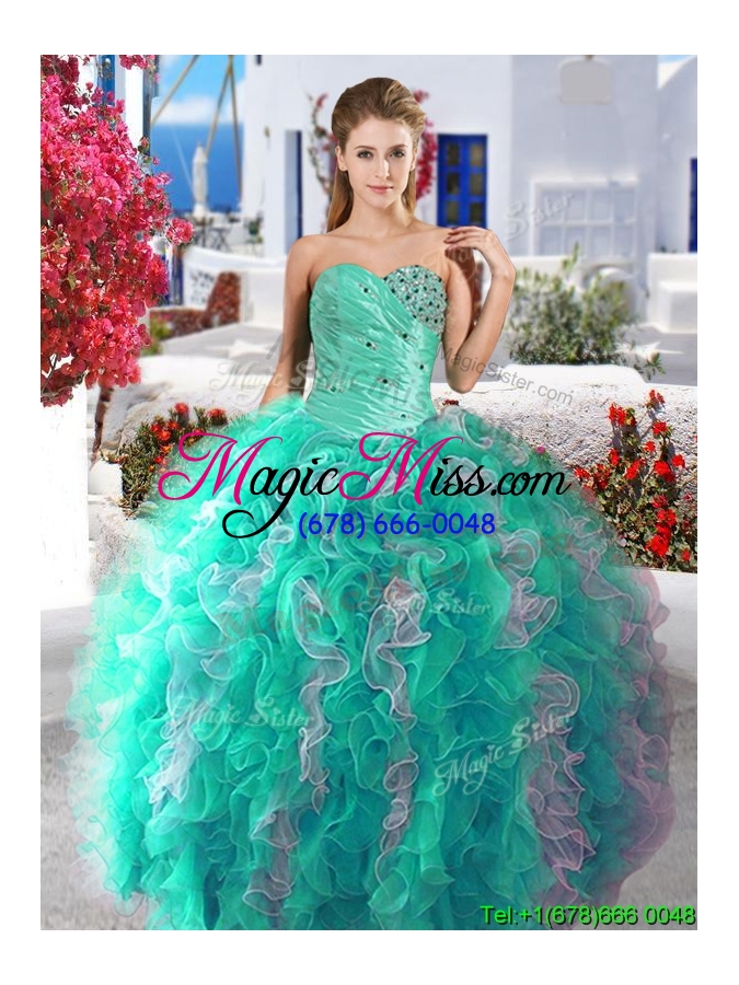 wholesale cheap turquoise and white detachable quinceanera dresses with beading and ruffles