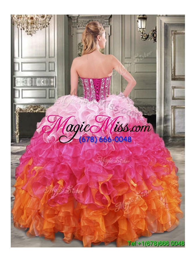 wholesale visible boning beaded bodice and ruffled detachable quinceanera dresses in rainbow