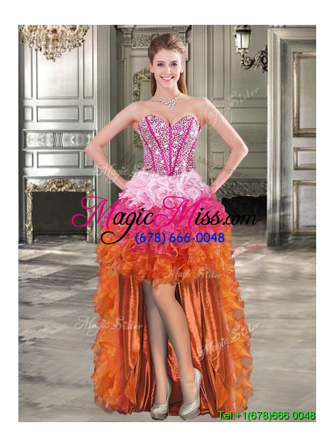 wholesale visible boning beaded bodice and ruffled detachable quinceanera dresses in rainbow