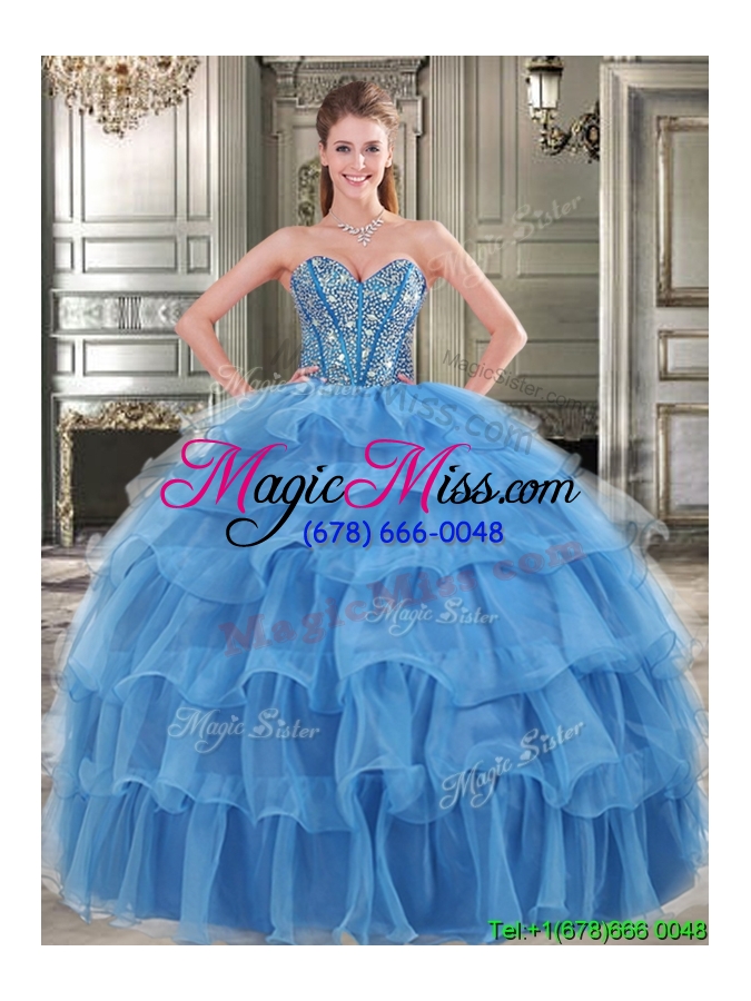 wholesale modest beaded and ruffled layers detachable quinceanera dresses in blue