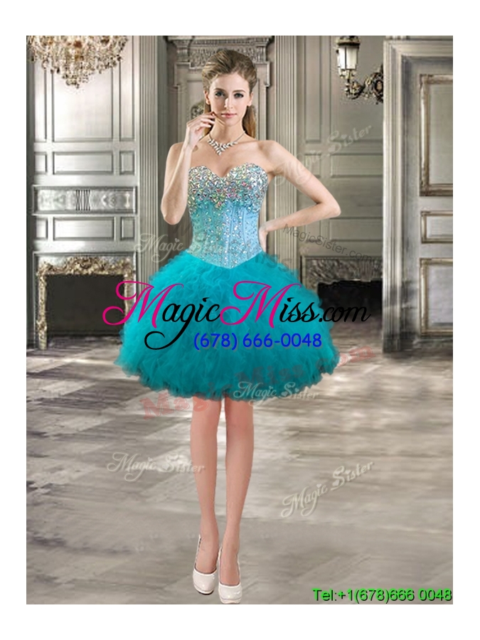 wholesale modern beaded bodice and ruffled detachable quinceanera dresses in teal