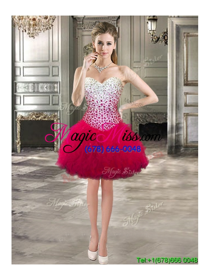 wholesale cheap beaded bodice and ruffled detachable quinceanera dresses in hot pink