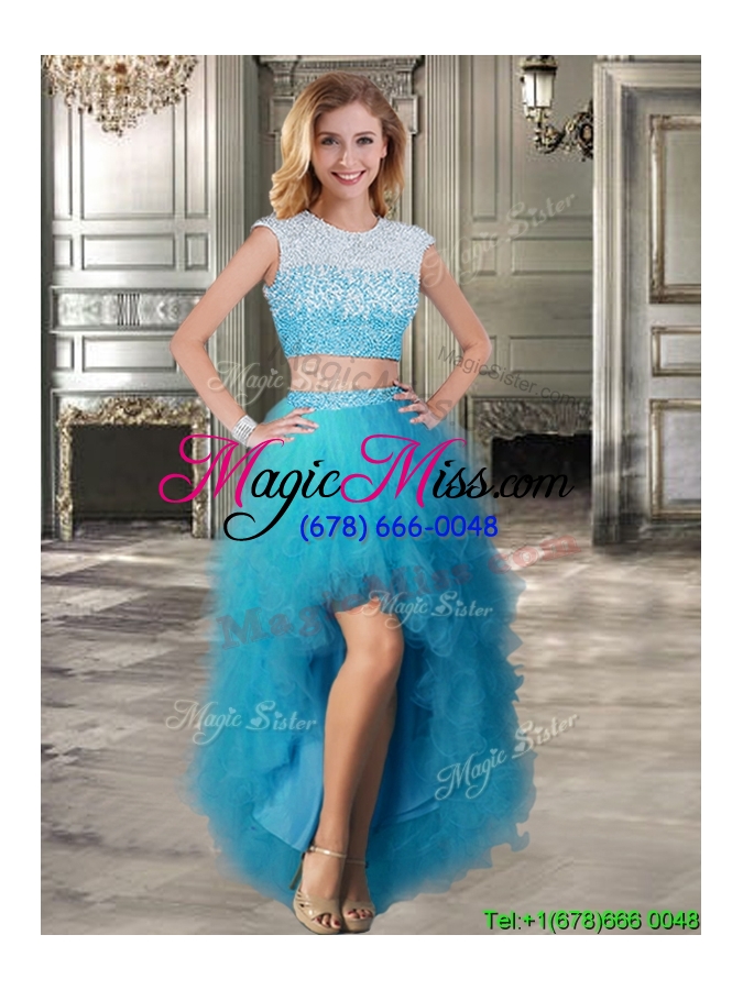 wholesale modest scoop cap sleeves teal detachable sweet 16 dresses with beading and ruffles