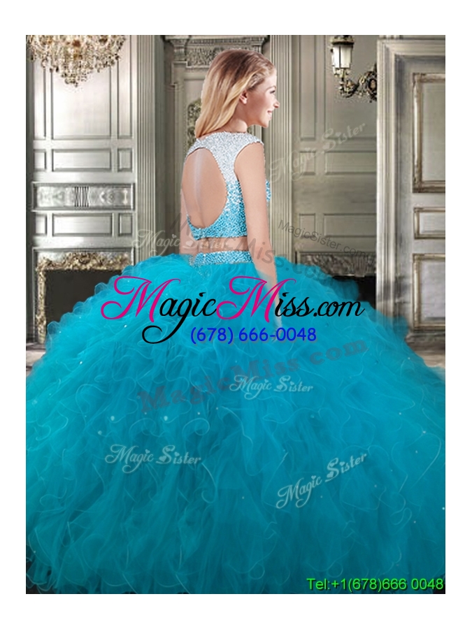 wholesale modest scoop cap sleeves teal detachable sweet 16 dresses with beading and ruffles