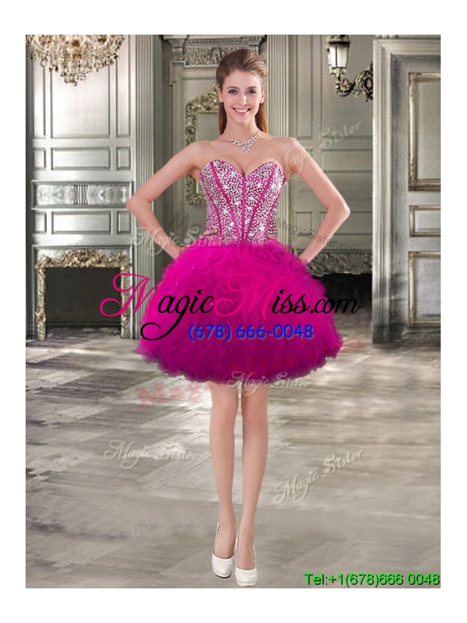 wholesale wonderful beaded and ruffled detachable quinceanera dresses in fuchsia