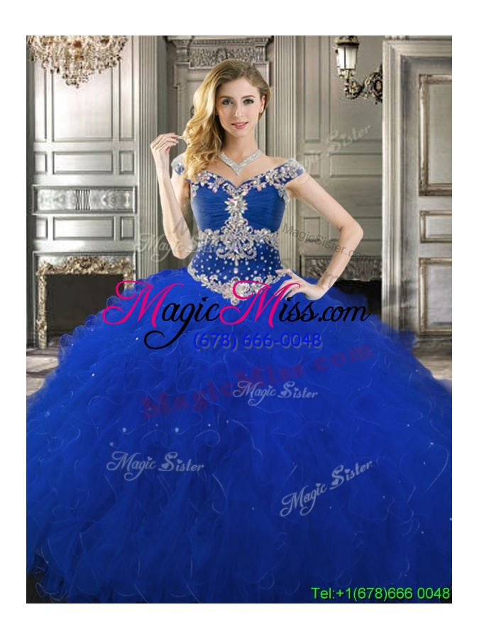 wholesale latest off the shoulder cap sleeves detachable quinceanera dresses with beading and ruffles