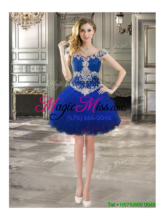 wholesale latest off the shoulder cap sleeves detachable quinceanera dresses with beading and ruffles