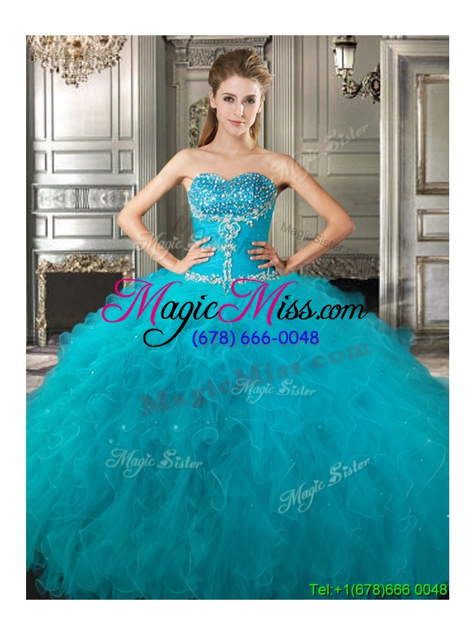 wholesale exclusive big puffy teal detachable quinceanera dresses with beading and ruffles