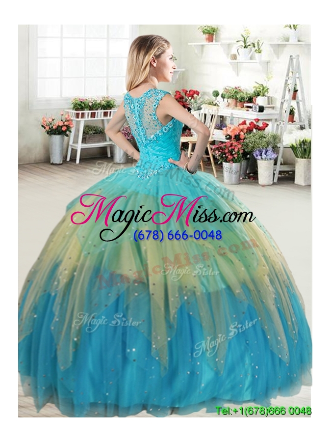 wholesale popular straps rainbow quinceanera dress with beading and ruffled layers