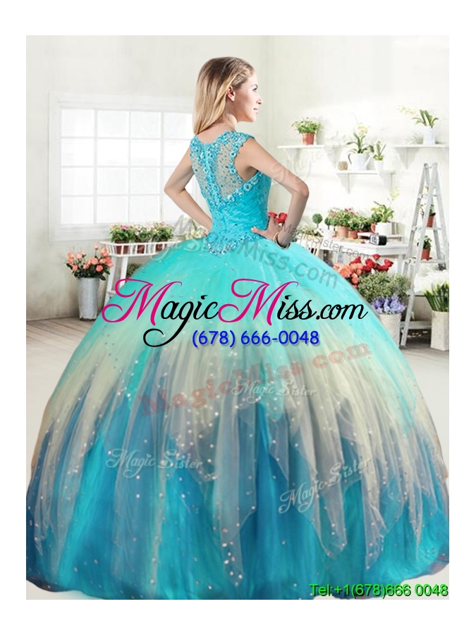 wholesale unique straps rainbow quinceanera dress with ruffled layers and beading