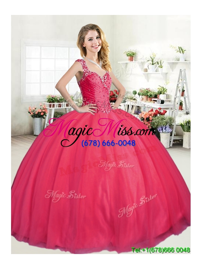 wholesale lovely straps big puffy beading quinceanera dress in coral red