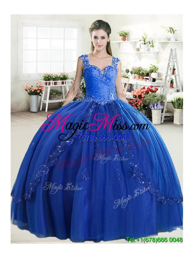 wholesale discount straps royal blue quinceanera dress with beading and appliques