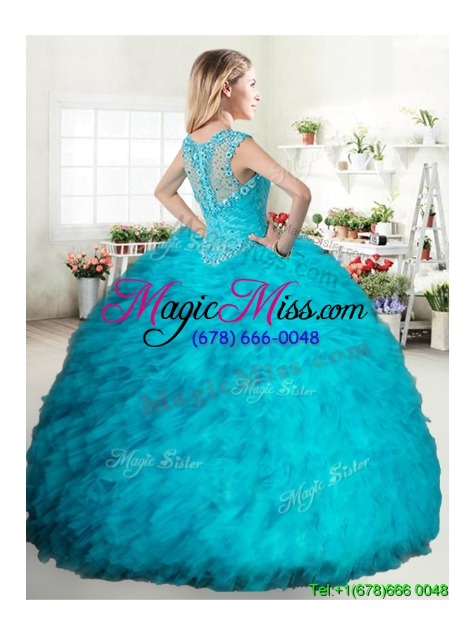 wholesale cheap beaded and ruffled turquoise quinceanera dress in tulle