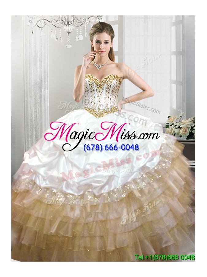 wholesale fashionable beaded and pick ups quinceanera dress in white and gold