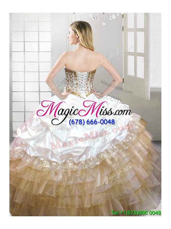 wholesale fashionable beaded and pick ups quinceanera dress in white and gold