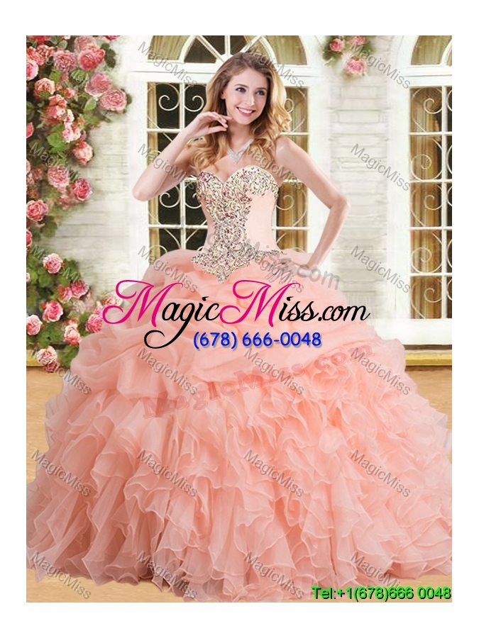 wholesale modest big puffy peach quinceanera dress with appliques and ruffles