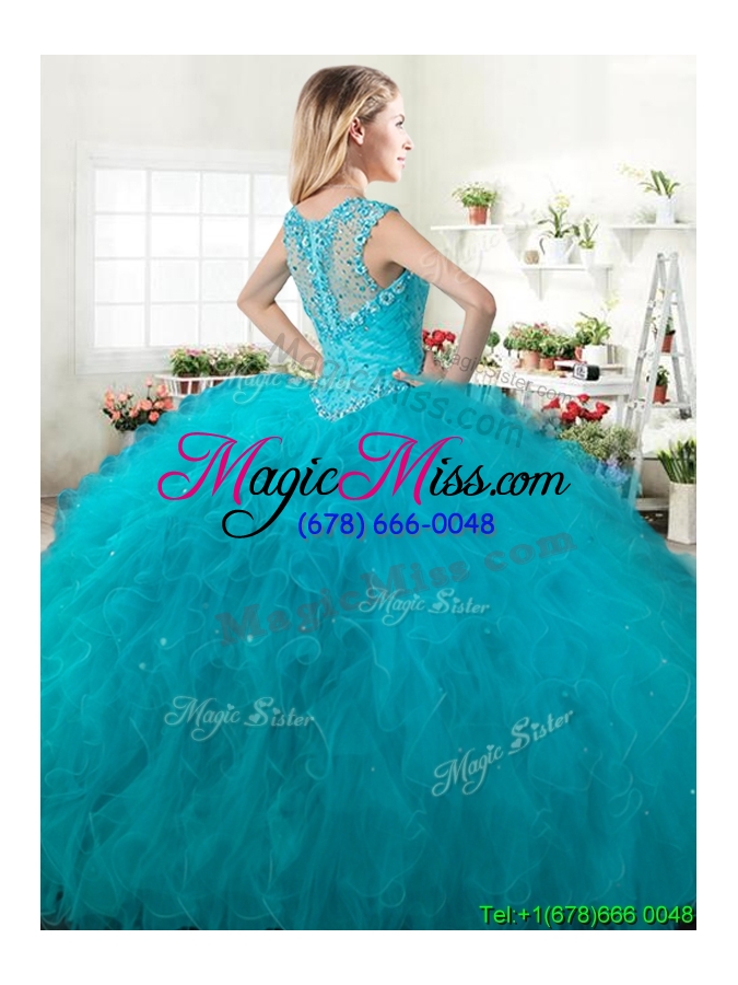 wholesale gorgeous straps beaded and ruffled quinceanera dress in turquoise