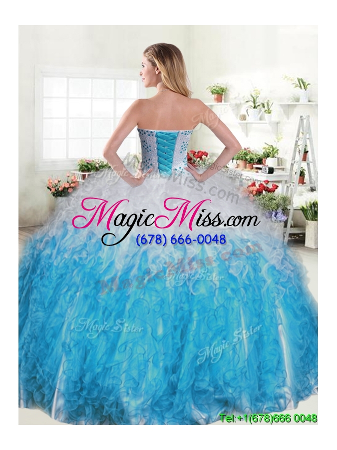 wholesale cheap beaded and ruffled quinceanera dress in blue and white