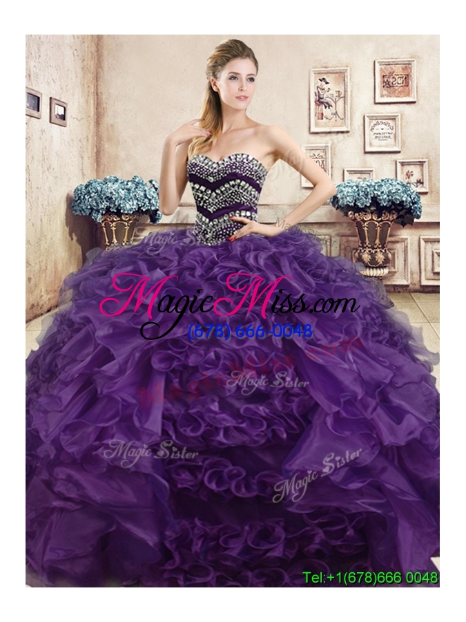 wholesale affordable beaded and ruffled organza quinceanera dress in navy blue