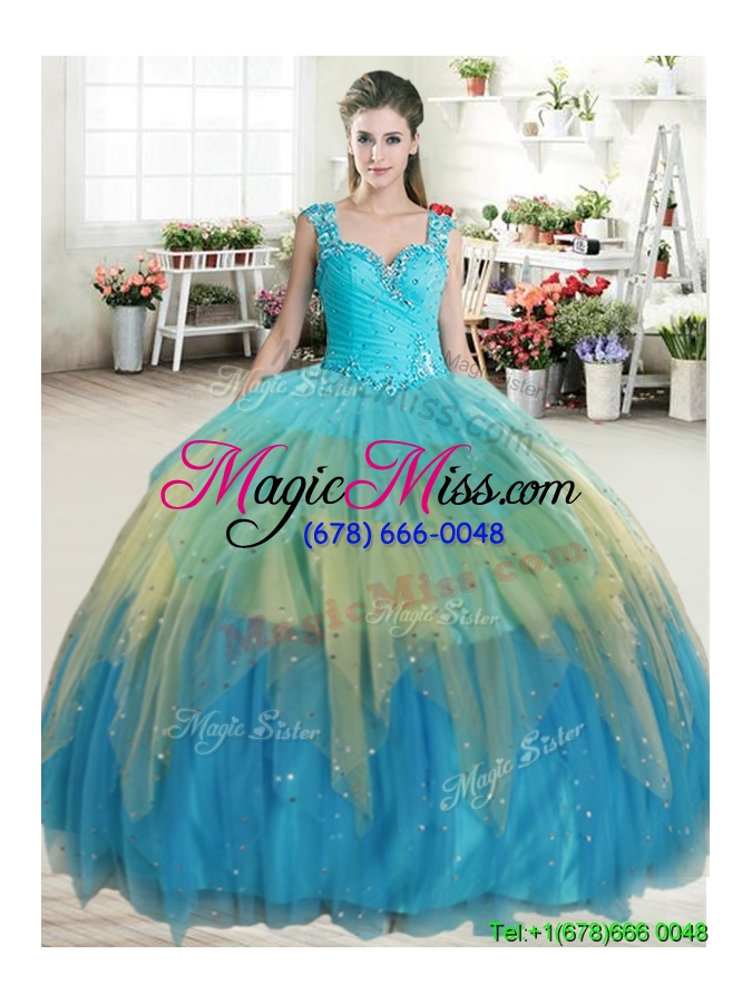 wholesale unique straps beaded and ruffled layers quinceanera dress in multi color