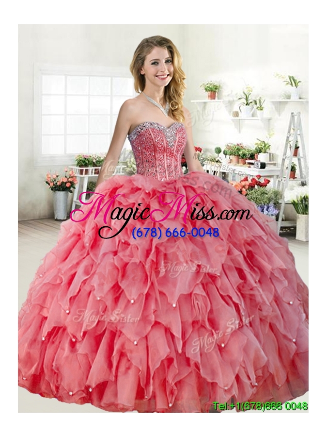 wholesale discount coral red quinceanera dress with beading and ruffles