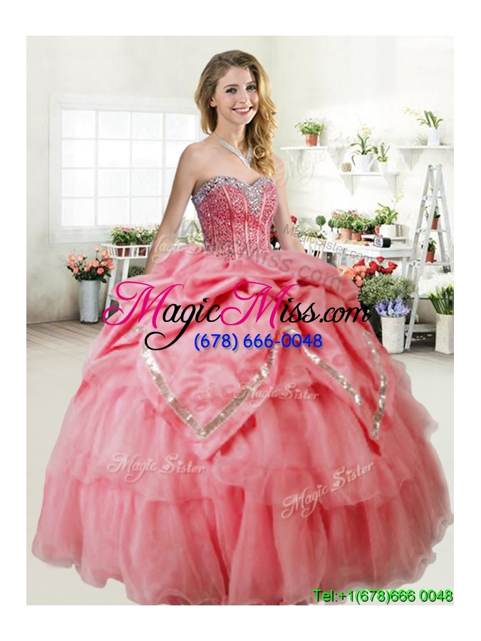 wholesale gorgeous beaded and pick ups quinceanera dress in coral red
