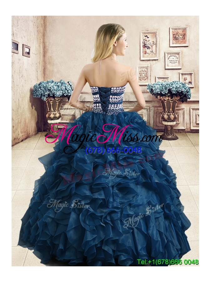 wholesale unique beaded and ruffled organza quinceanera dress in navy blue