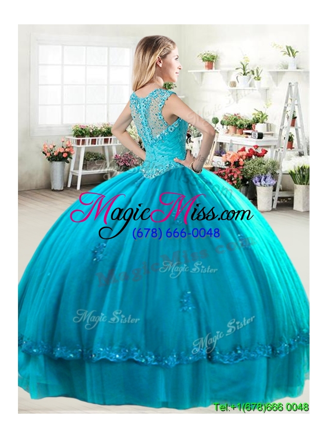 wholesale elegant straps beaded and applique quinceanera dress in turquoise