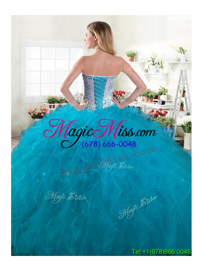 wholesale inexpensive beaded and ruffled big puffy quinceanera dress in teal