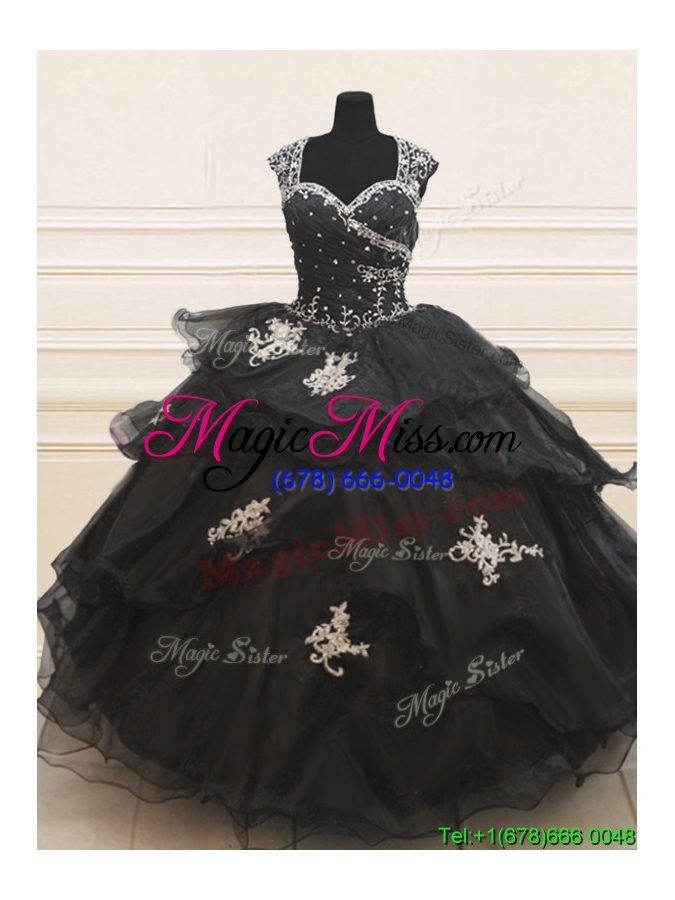 wholesale 2017 lovely see through back wide straps beaded applique black quinceanera dress