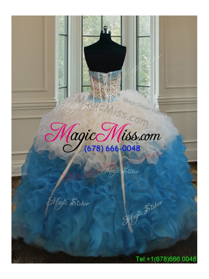 wholesale gorgeous beaded bodice and ruffled quinceanera dress in champagne and baby blue