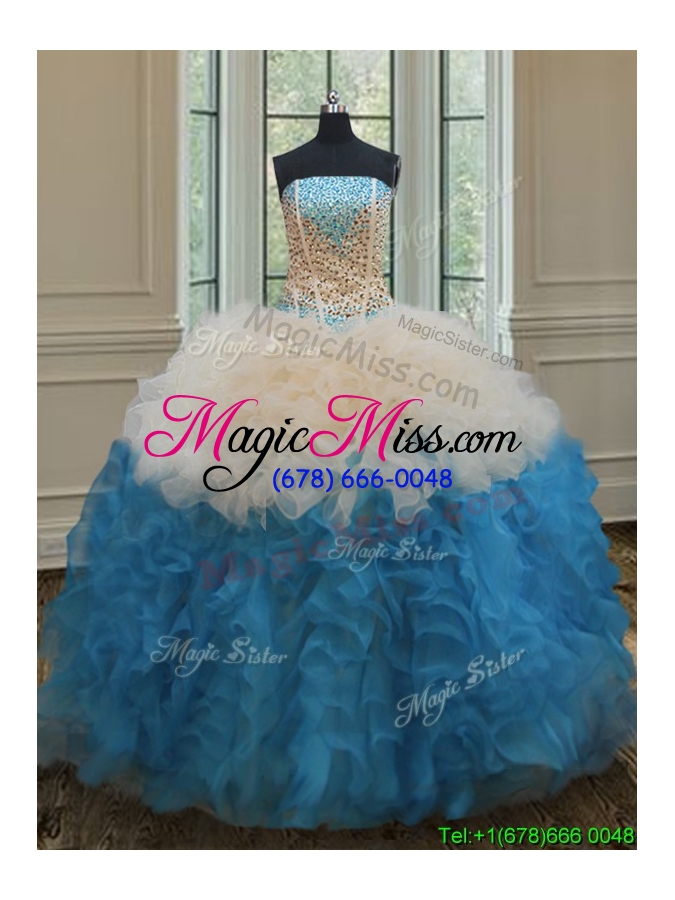 wholesale gorgeous beaded bodice and ruffled quinceanera dress in champagne and baby blue