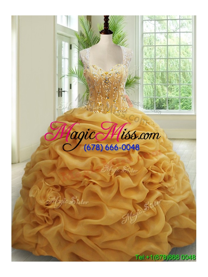 wholesale visible boning see through back brush train beaded quinceanera dress in gold