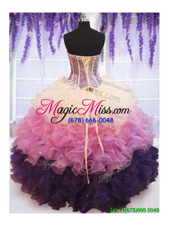 wholesale visible boning beaded bodice and ruffled quinceanera dress in gradient color