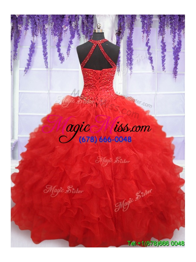 wholesale high end see through halter top red sweet 16 dress with beading and ruffles