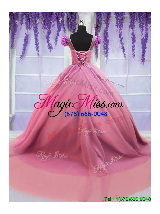 wholesale new style beaded scoop cap sleeves rose pink quinceanera dress with court train