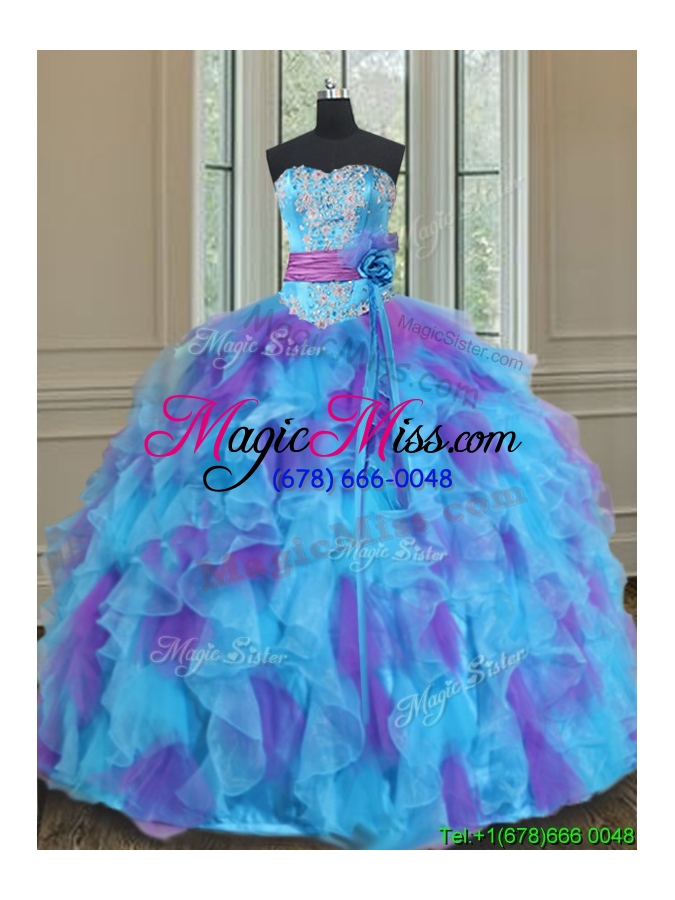 wholesale 2017 best sweetheart organza blue and purple quinceanera gown with handmade flower