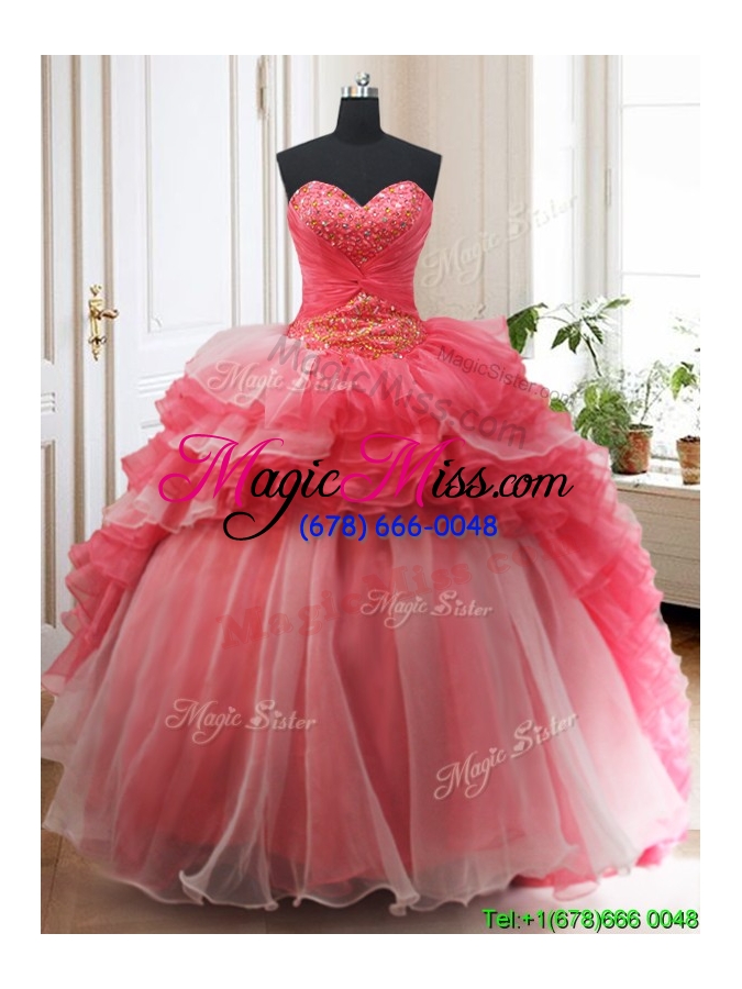 wholesale brush train red and white quinceanera dress with beading and ruffled layers