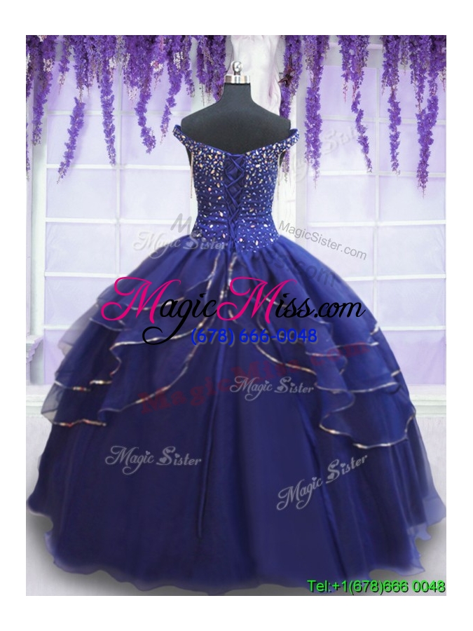 wholesale royal blue off the shoulder ruffled layers quinceanera dress with beading and sequins