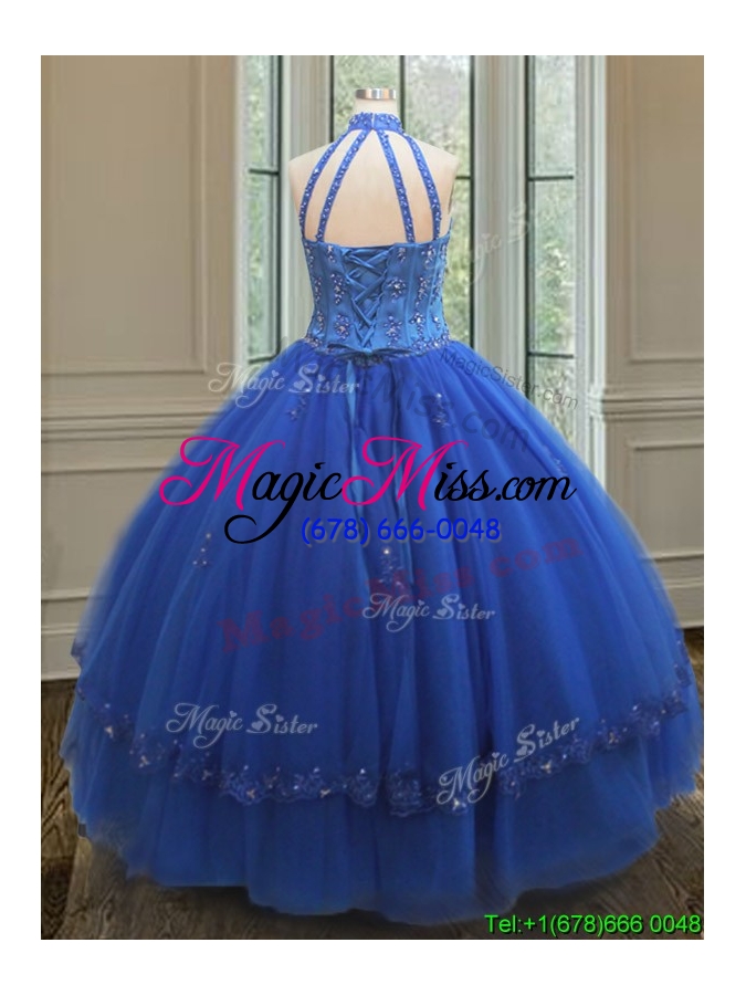 wholesale fashionable high neck tulle blue quinceanera dress with beaded appliques