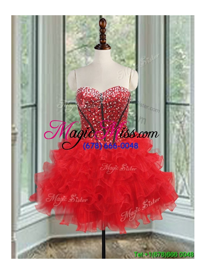 wholesale modern red and black detachable quinceanera dress with beading and ruffled layers