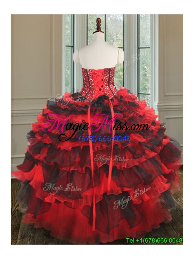 wholesale modern red and black detachable quinceanera dress with beading and ruffled layers